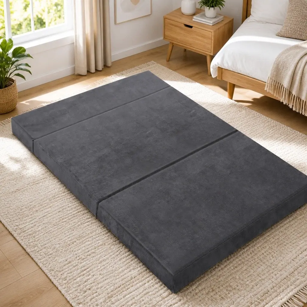 Foldable Foam Mattress Double Bed Sofa Grey Velvet 180 x 122 cm