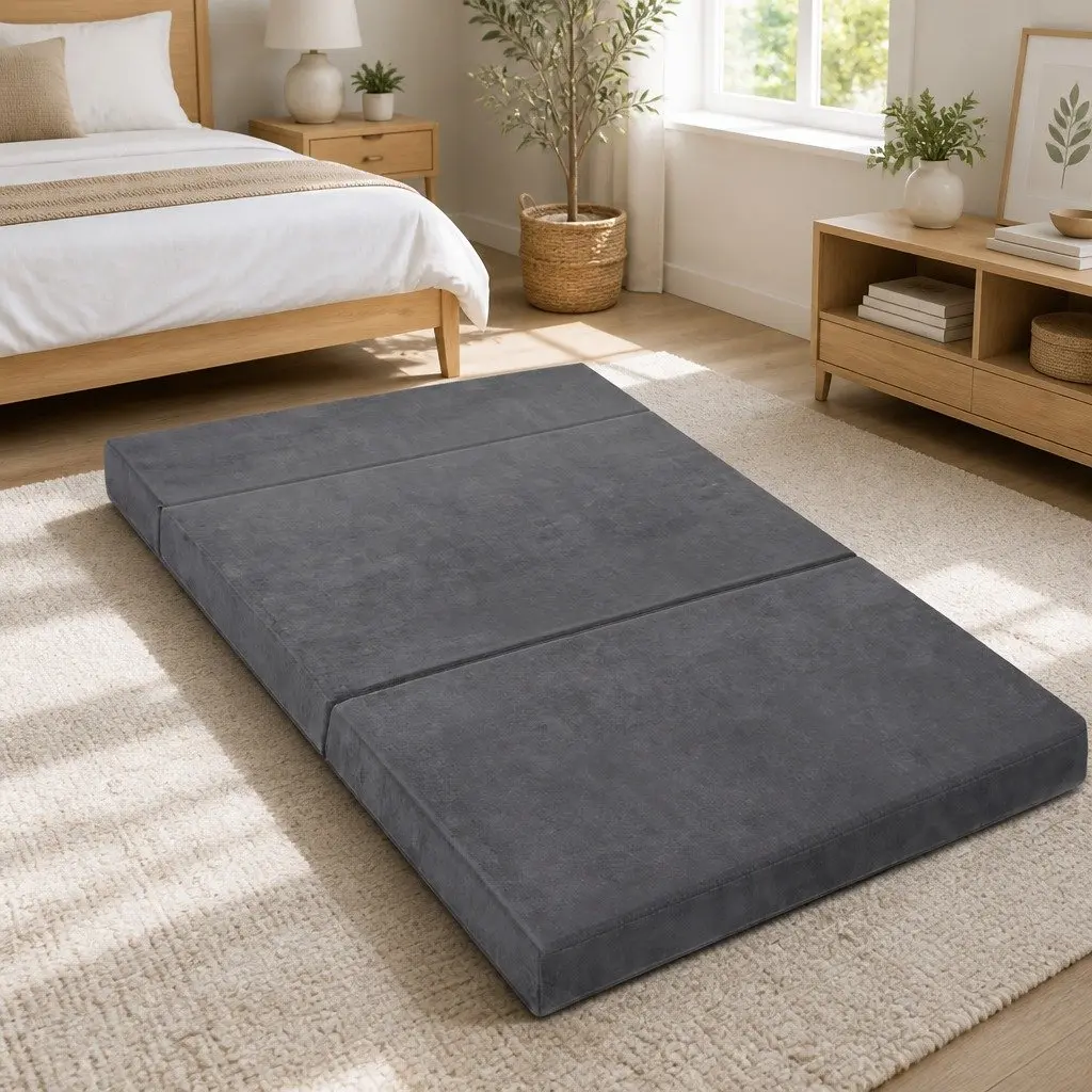 Foldable Foam Mattress Double Bed Sofa Grey Velvet 180 x 122 cm