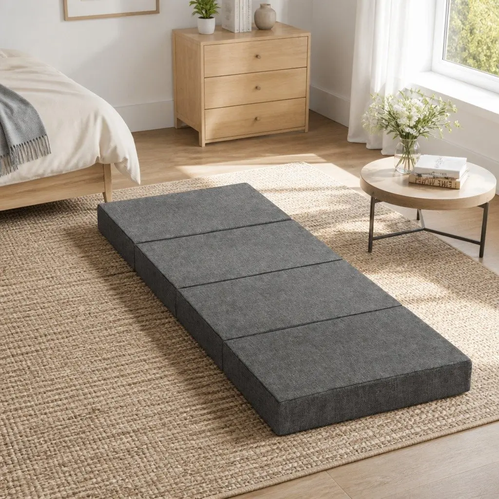 Foldable Foam Mattress Single Bed Couch Convertible Grey Storage Sleeping Guest