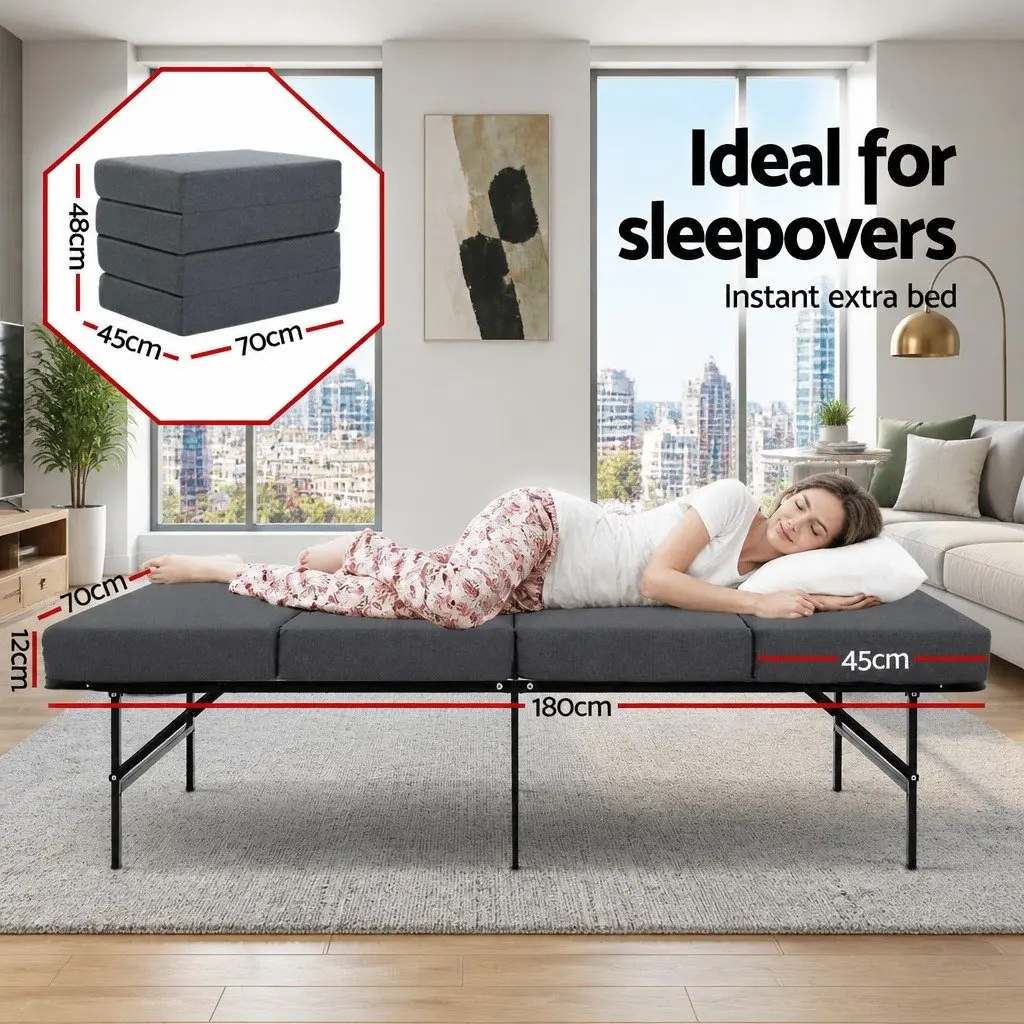 Foldable Foam Mattress Single Bed Couch Convertible Grey Storage Sleeping Guest