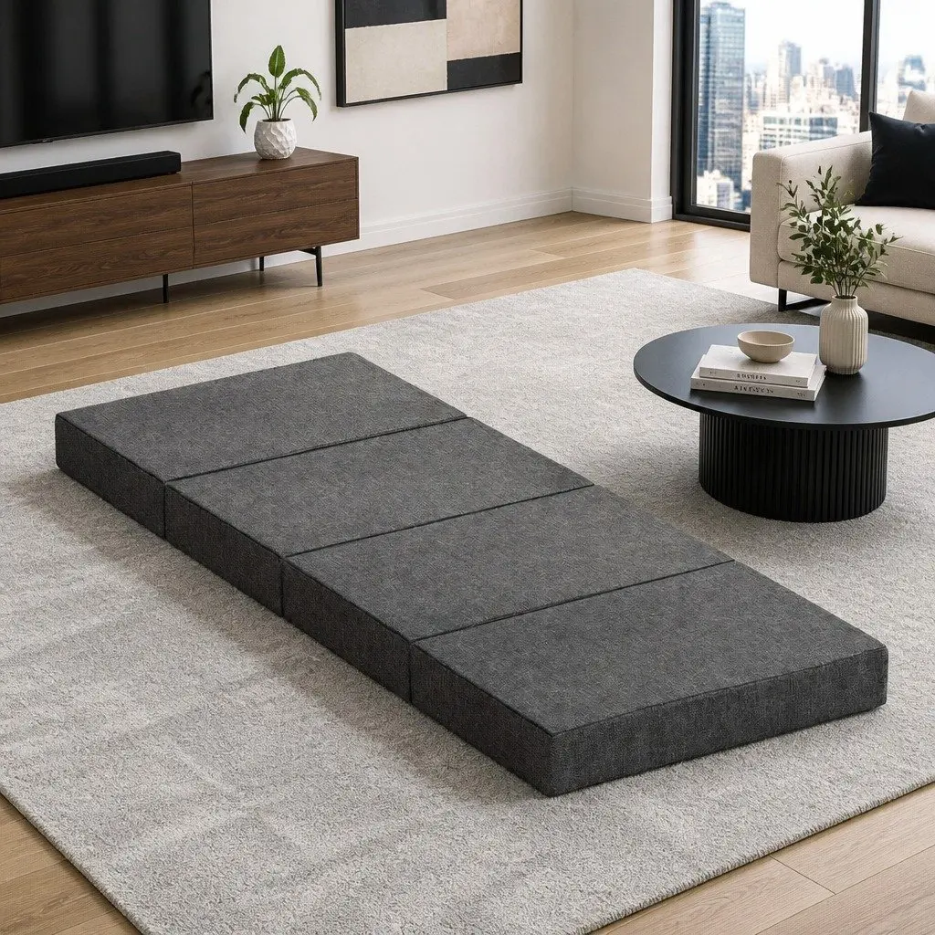 Foldable Foam Mattress Single Bed Couch Convertible Grey Storage Sleeping Guest