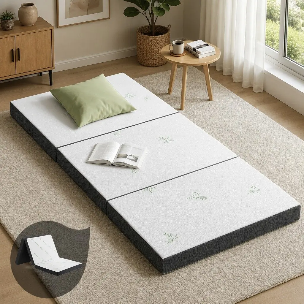 Single Folding Foam Mattress Portable Bed Chair 190cm x 79cm White Bamboo Fabric