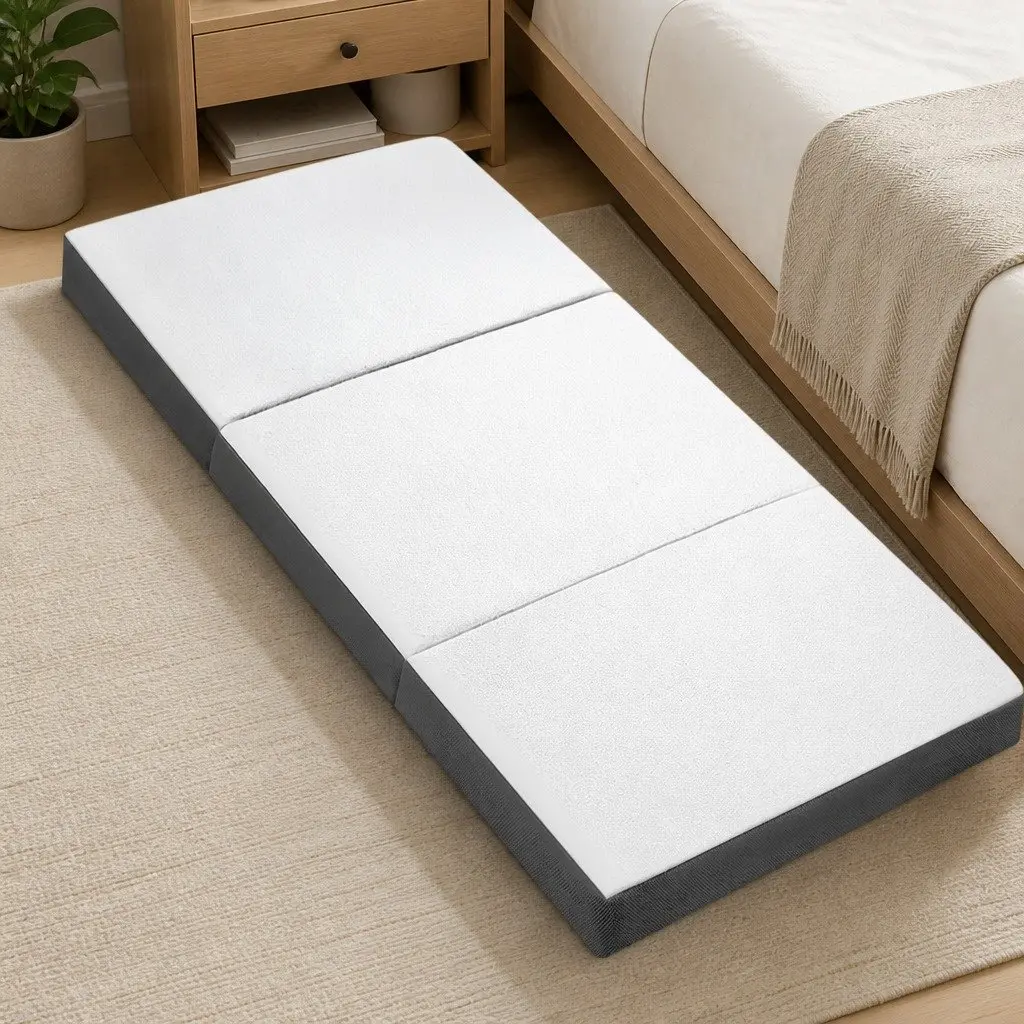 Single Folding Foam Mattress Portable Bed Chair 190cm x 79cm White Bamboo Fabric