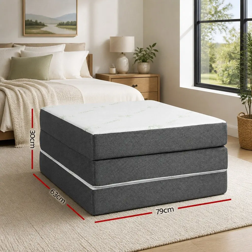 Single Folding Foam Mattress Portable Bed Chair 190cm x 79cm White Bamboo Fabric