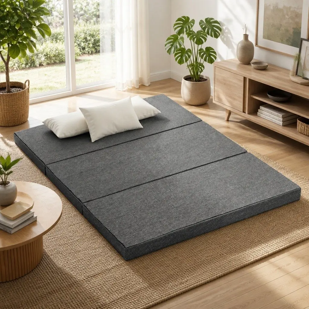 Foldable Foam Mattress Queen Bed Tri-Fold Chair Sofa Dark Grey
