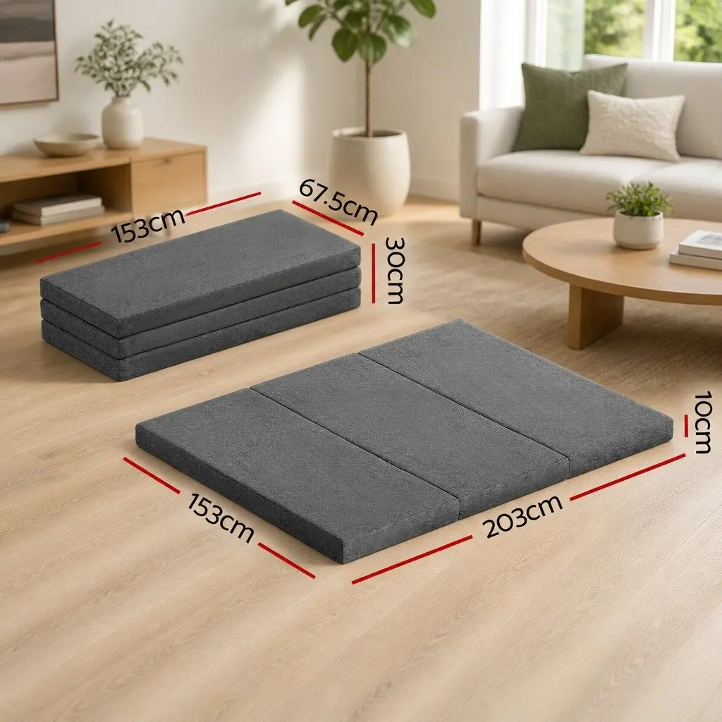 Foldable Foam Mattress Queen Bed Tri-Fold Chair Sofa Dark Grey