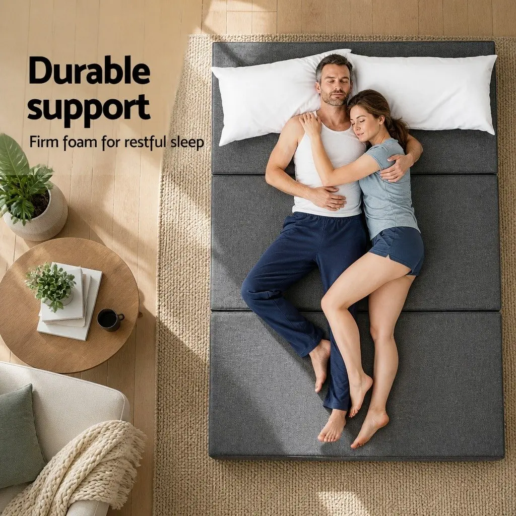 Foldable Foam Mattress Queen Bed Tri-Fold Chair Sofa Dark Grey