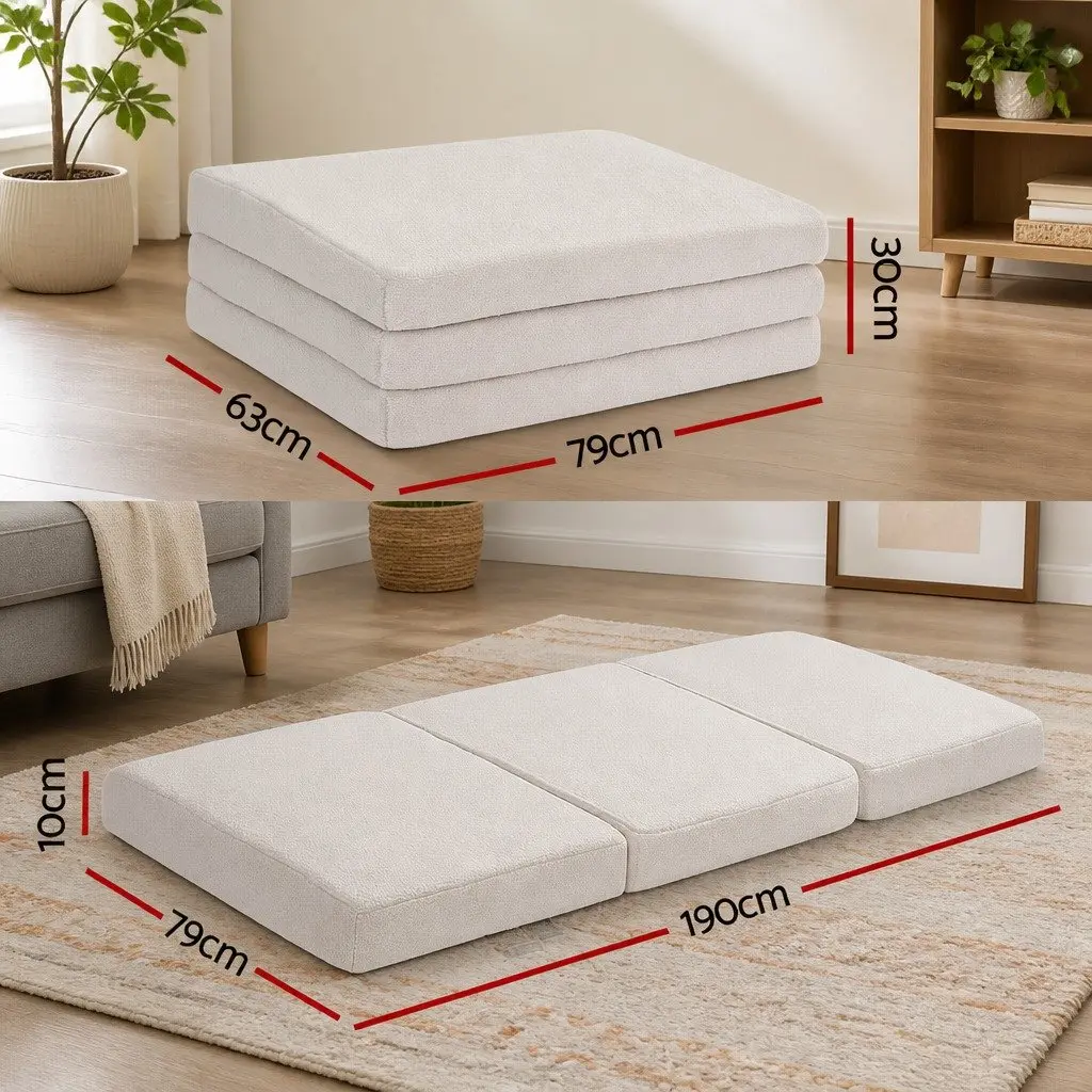 Foldable Foam Mattress 3-Fold Convertible Chair Bed Portable Single White Sherpa