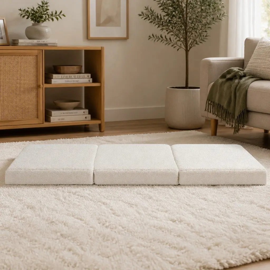 Foldable Foam Mattress 3-Fold Convertible Chair Bed Portable Single White Sherpa