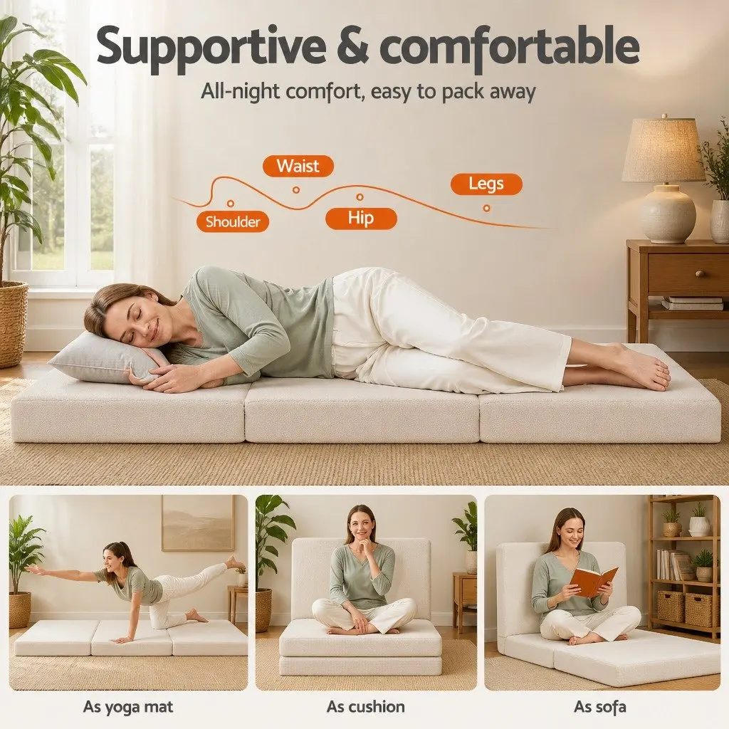 Foldable Foam Mattress 3-Fold Convertible Chair Bed Portable Single White Sherpa
