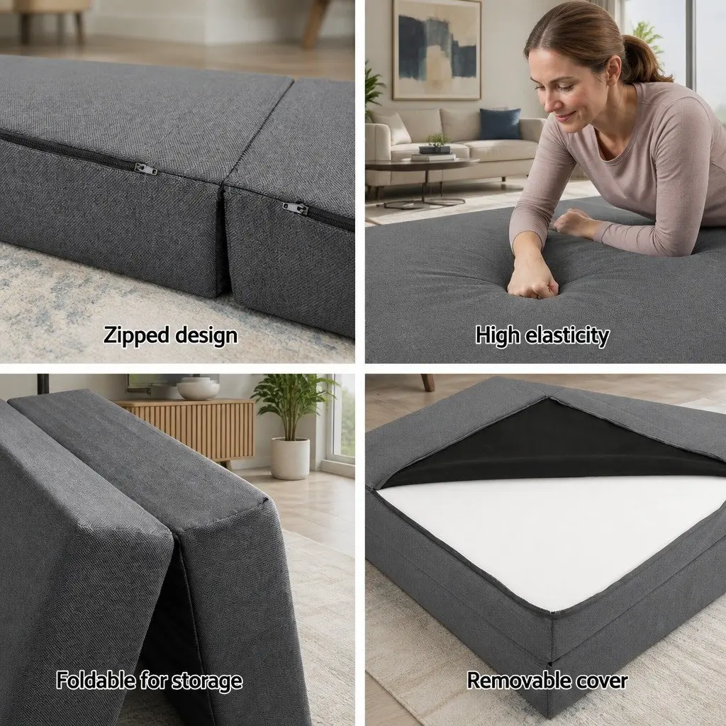 Foldable Foam Mattress Single Bed Chair Sofa Grey Removable Washable Cover
