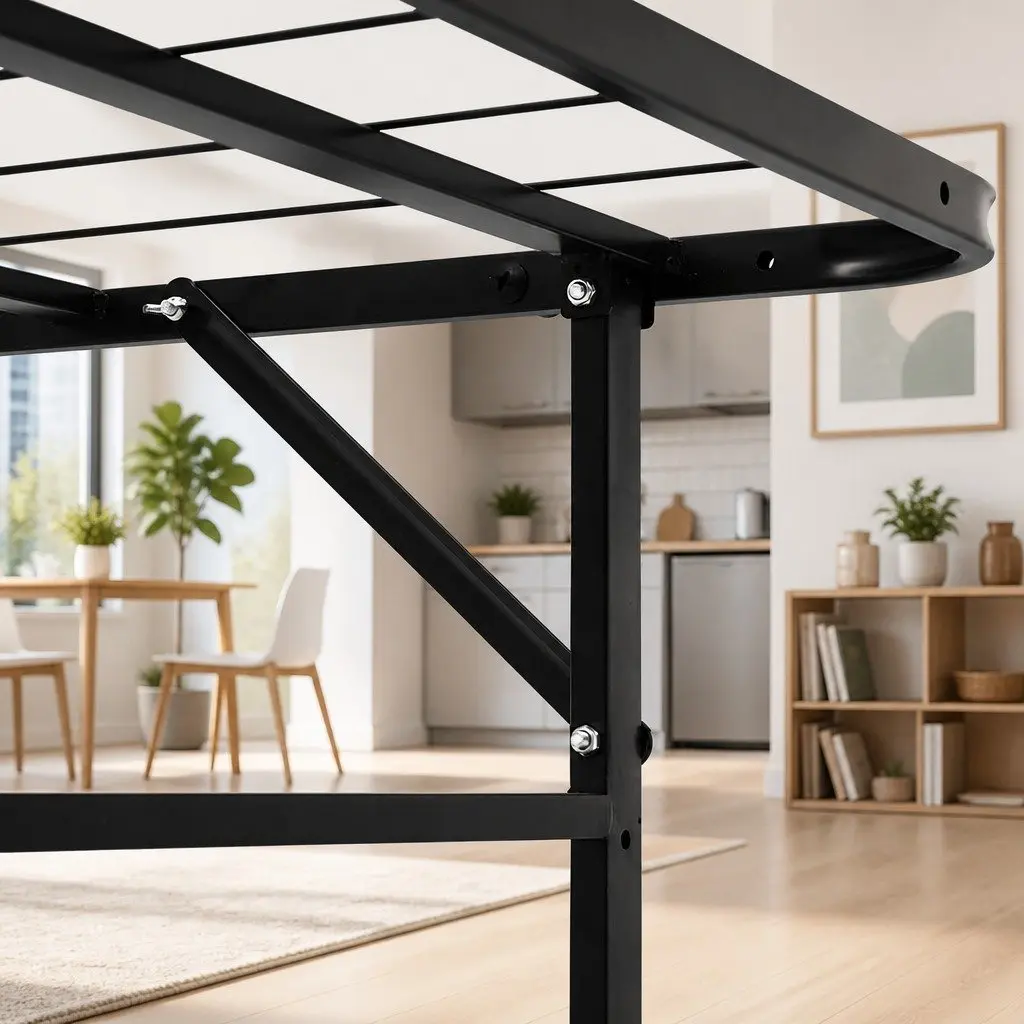 Single Folding Bed Frame Metal Base Black Storage Underneath Easy Assembly