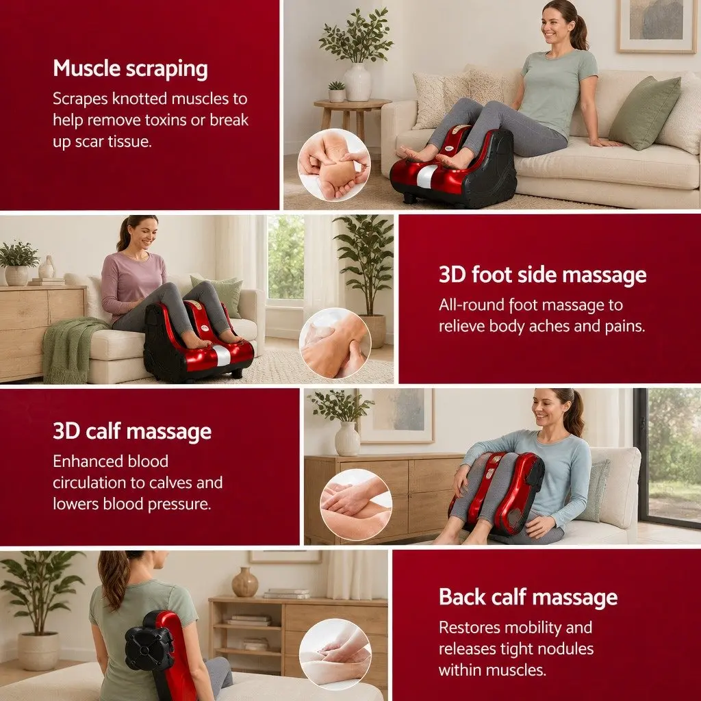 Foot Massager Electric Shiatsu Kneading Roller Leg Massage Chair 47cm Red