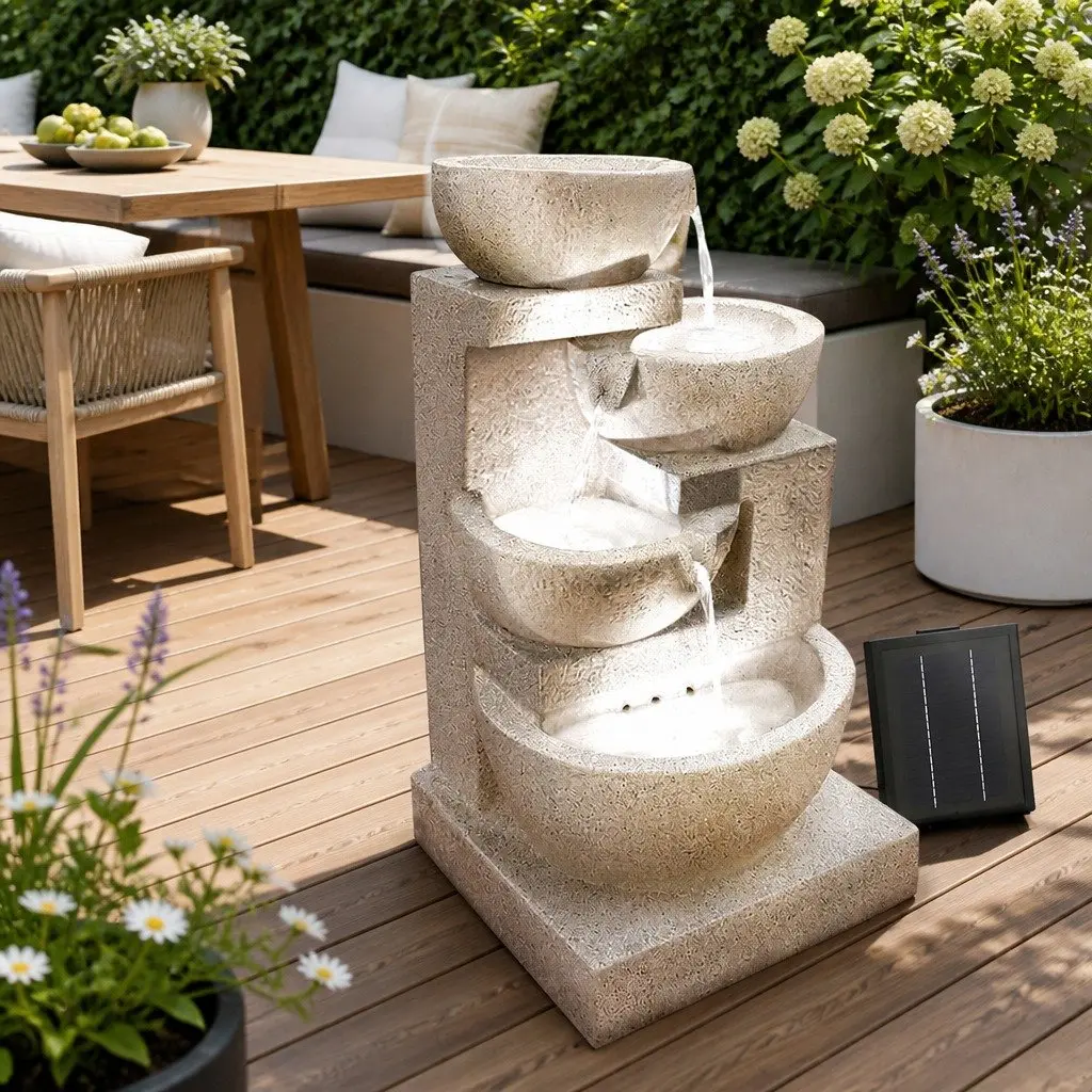 Solar Water Fountain 4-Tier Cascading LED Feature 72CM Height Sand