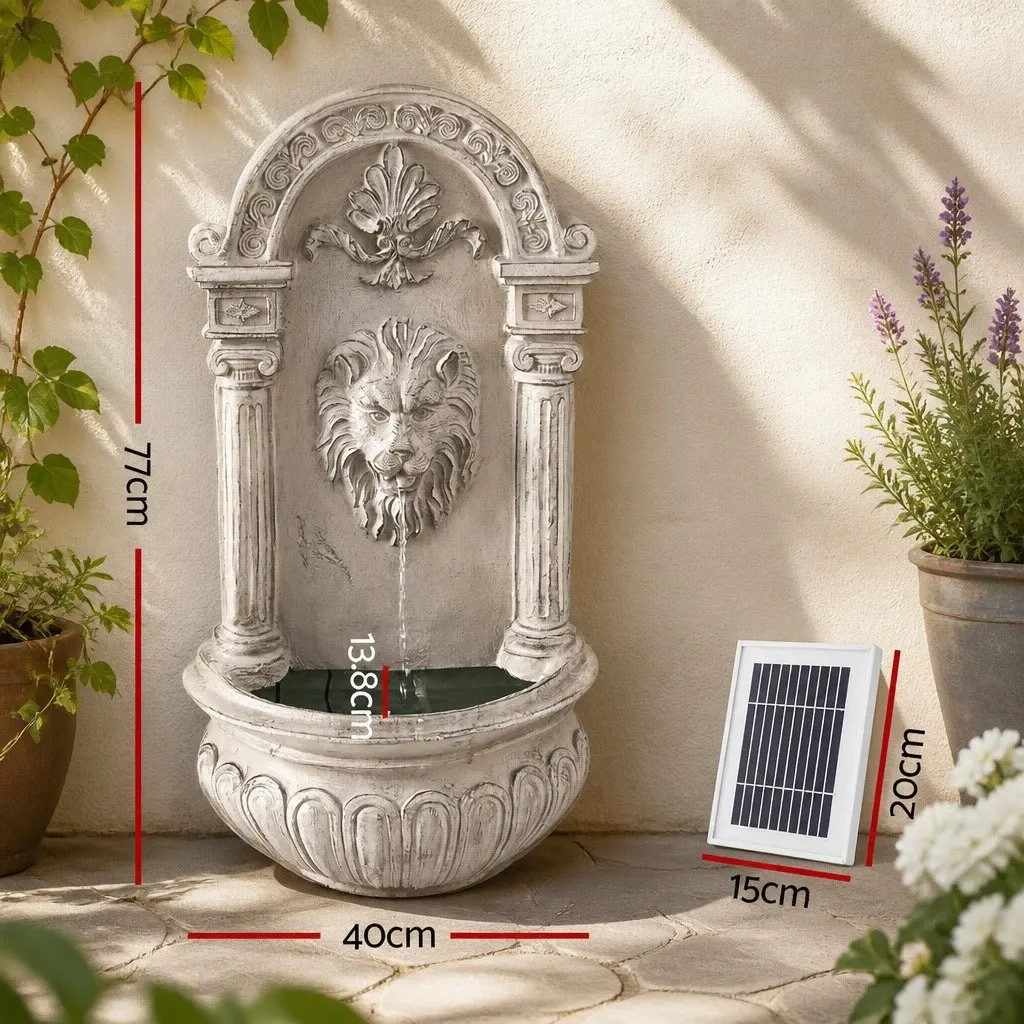 Solar Wall Mount Fountain Lion Cascading Water Feature 77CM Beige