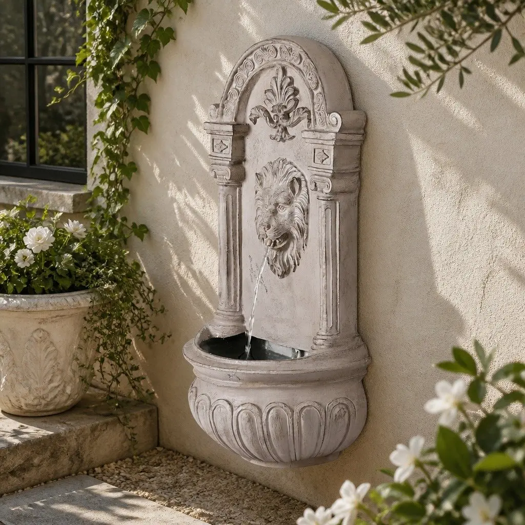 Solar Wall Mount Fountain Lion Cascading Water Feature 77CM Beige