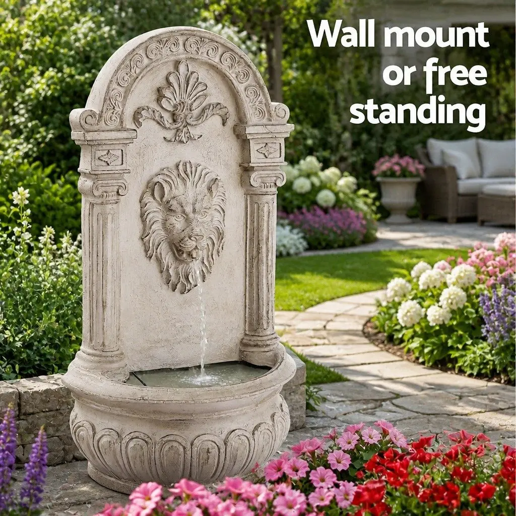 Solar Wall Mount Fountain Lion Cascading Water Feature 77CM Beige