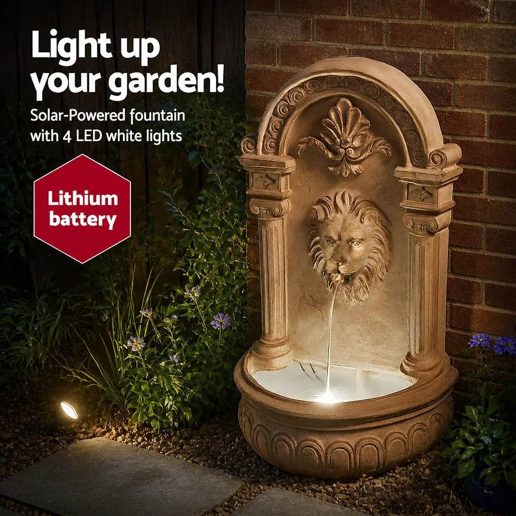 Solar Wall Mount Fountain Lion Cascading Water Feature 77CM Beige
