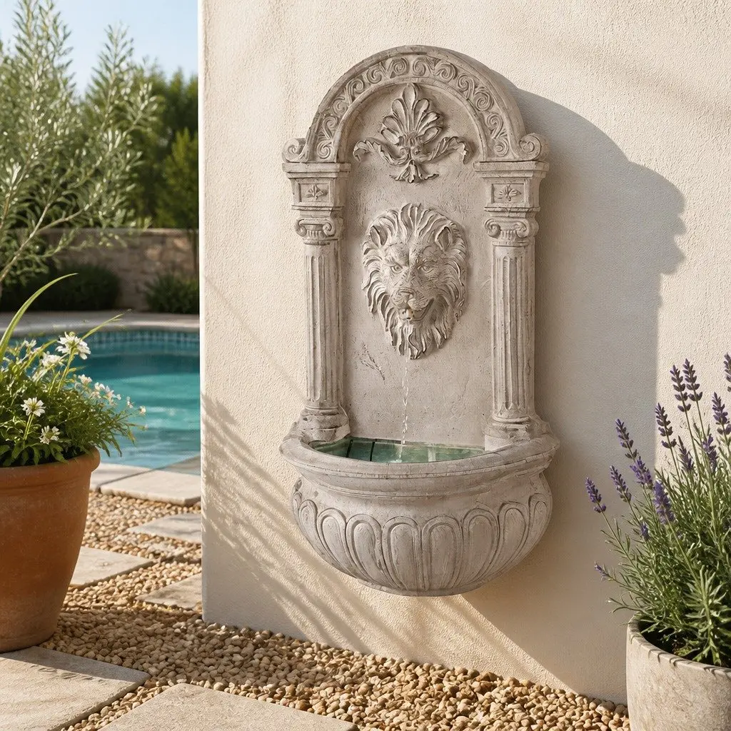 Solar Wall Mount Fountain Lion Cascading Water Feature 77CM Beige