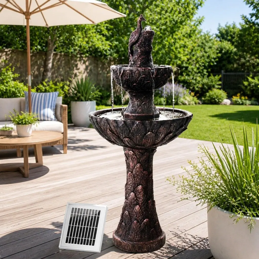 Solar Water Feature Fountain Bird Bath 106CM Brown Outdoor
