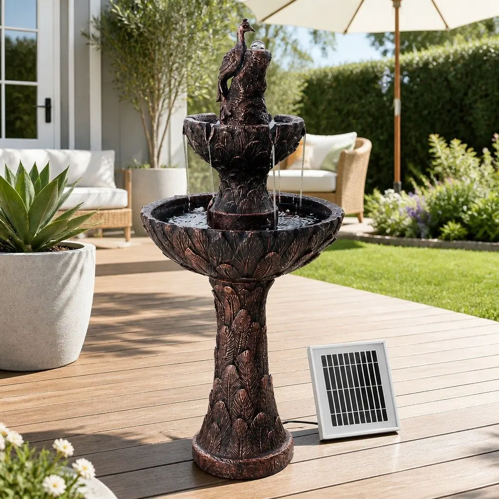 Solar Water Feature Fountain Bird Bath 106CM Brown Outdoor