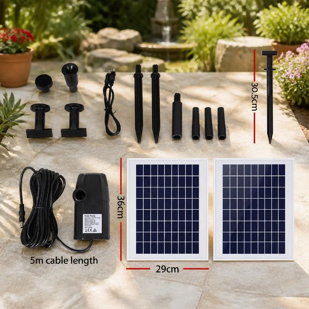 Solar Pond Pump Submersible Fountain Kit 1600L/H Flow 5m Cable Black