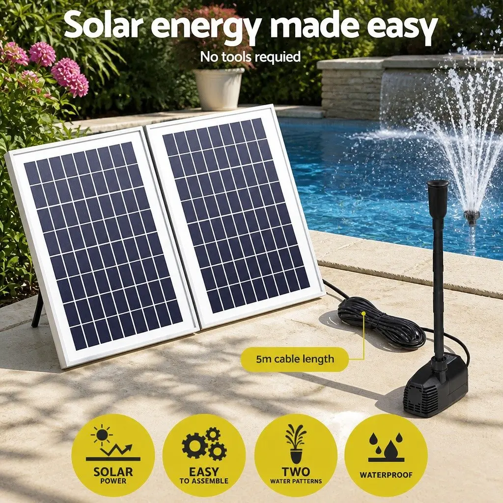 Solar Pond Pump Submersible Fountain Kit 1600L/H Flow 5m Cable Black