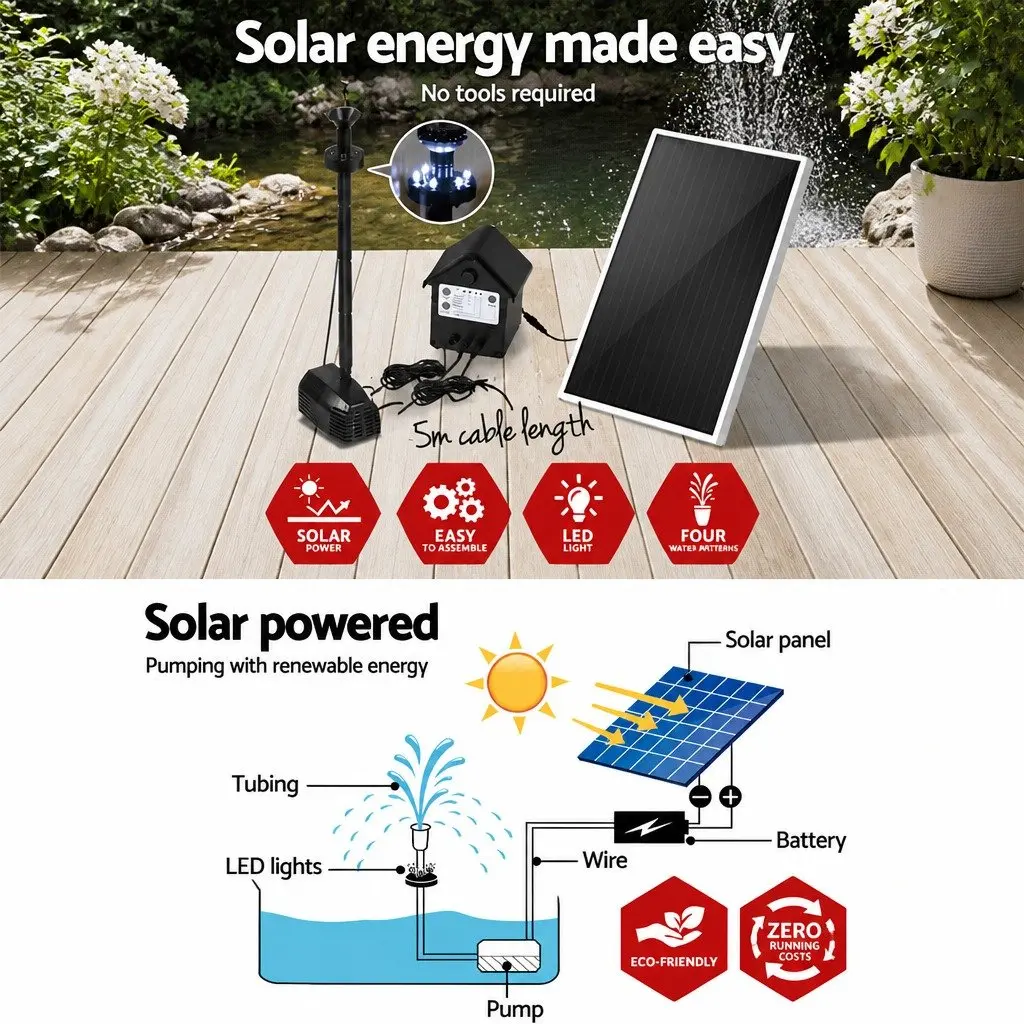 Solar Pond Pump with LED Lights for Gardens 4FT