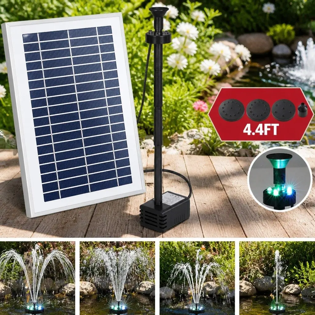 Solar Pond Pump Submersible Fountain Adjustable Height Black 4.4FT with LED Lights Remote Control