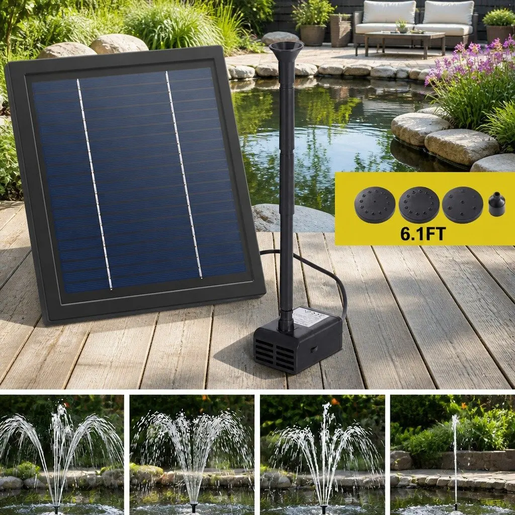 Solar Pond Pump Submersible Water Fountain Kit Adjustable Height 6.1FT Black 4 Nozzles