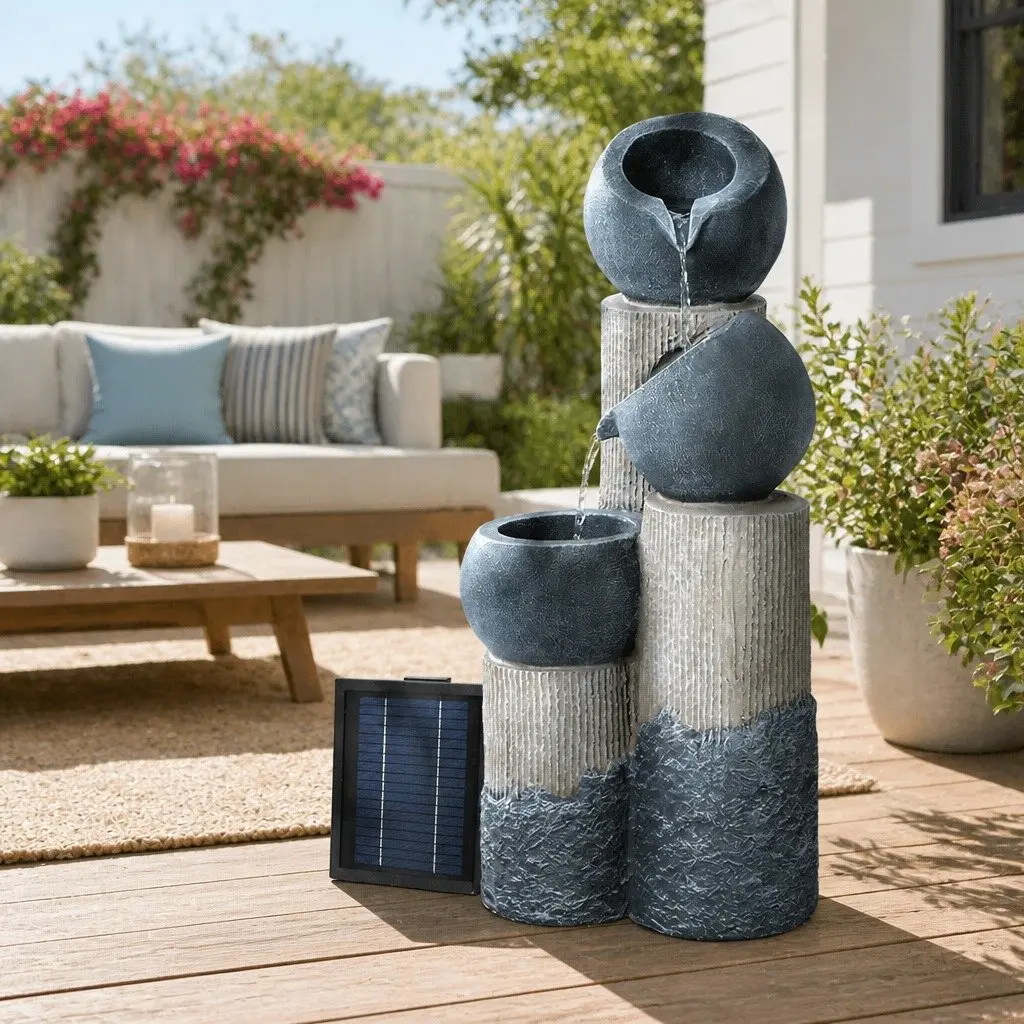 Solar Water Fountain 3-Tier Cascading Pot LED Lights Outdoor Indoor Grey 76cm H x 34cm W