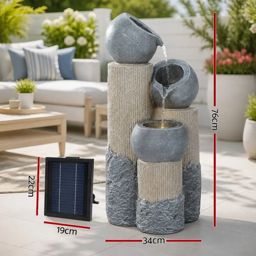 Solar Water Fountain 3-Tier Cascading Pot LED Lights Outdoor Indoor Grey 76cm H x 34cm W