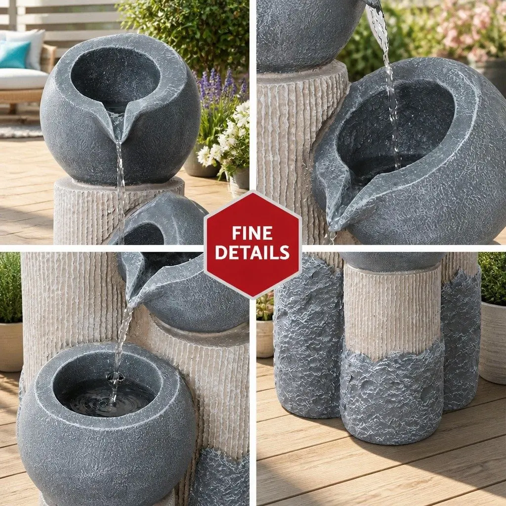 Solar Water Fountain 3-Tier Cascading Pot LED Lights Outdoor Indoor Grey 76cm H x 34cm W