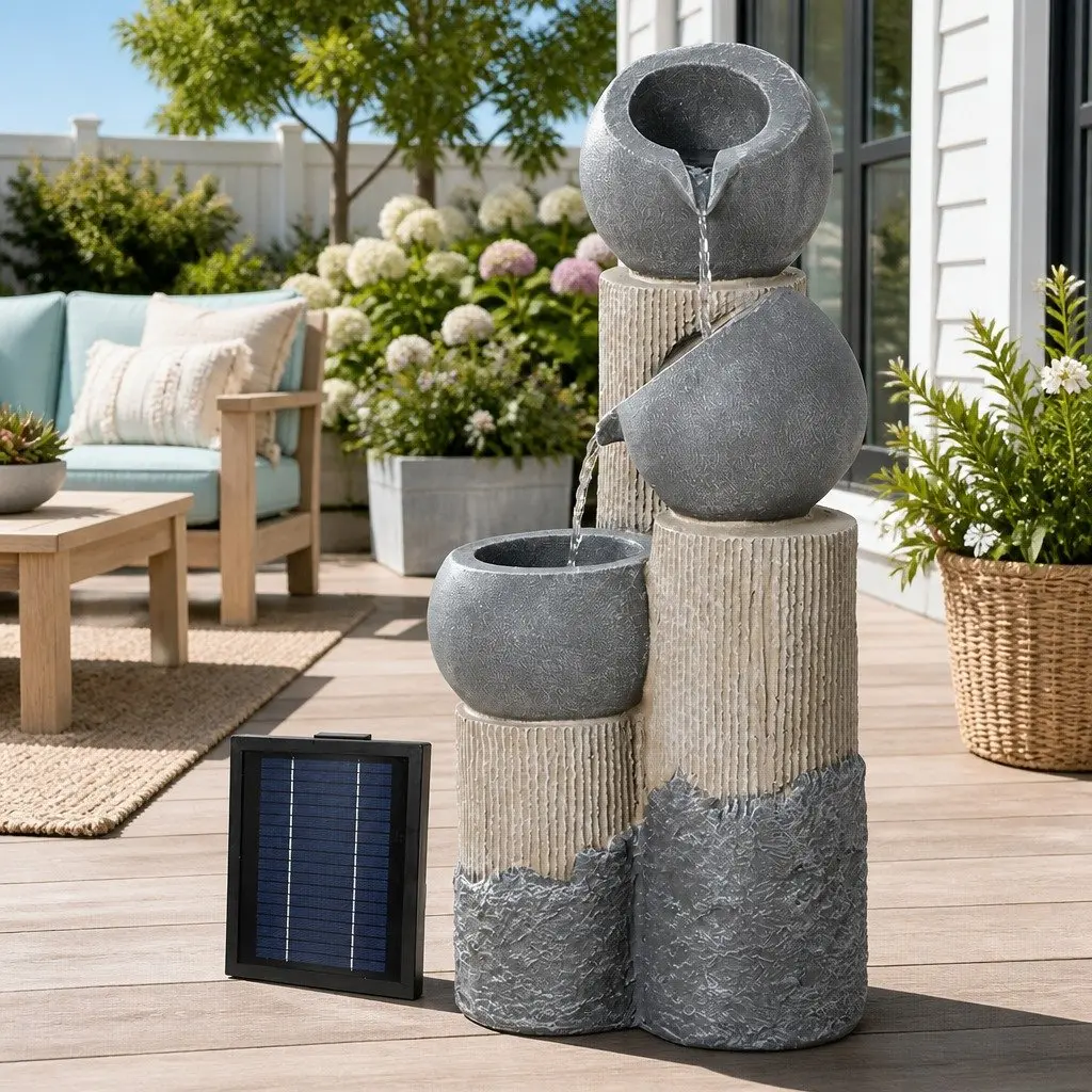Solar Water Fountain 3-Tier Cascading Pot LED Lights Outdoor Indoor Grey 76cm H x 34cm W
