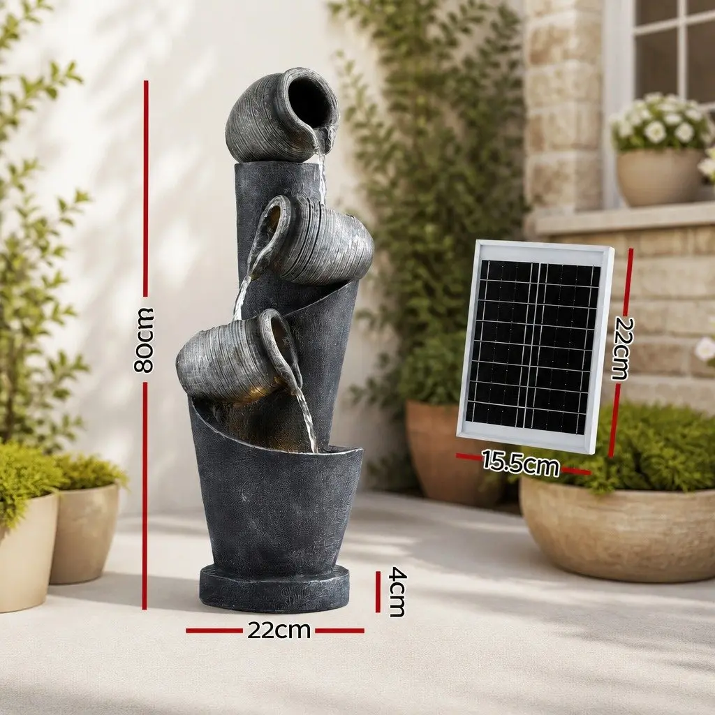 Solar Cascading Fountain 3-Tier Pot Water Feature LED Lights Garden Outdoor 80CM