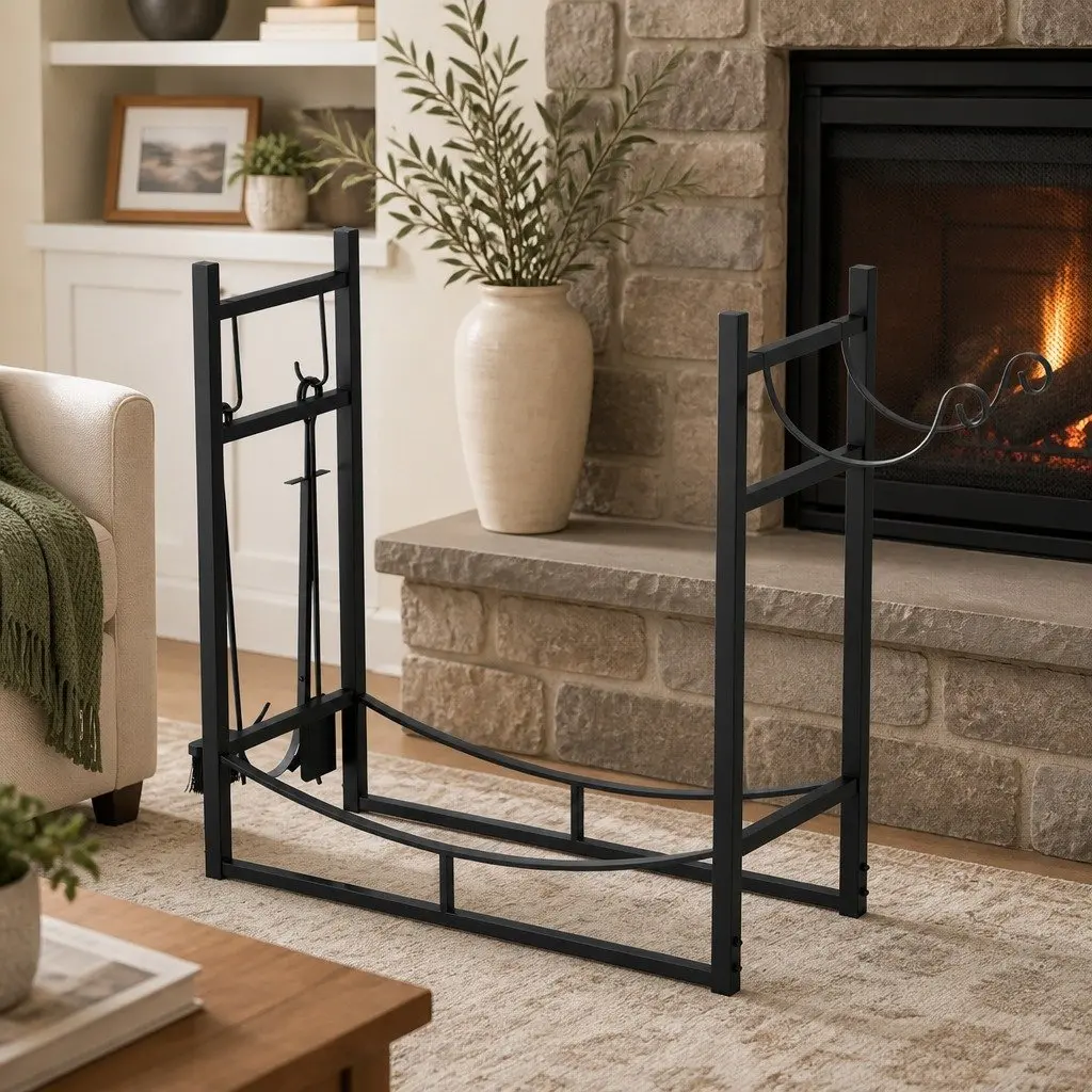 Firewood Rack Log Storage Holder with Fireplace Tools Set Heavy Duty Metal Black 84cm x 33cm x 76cm