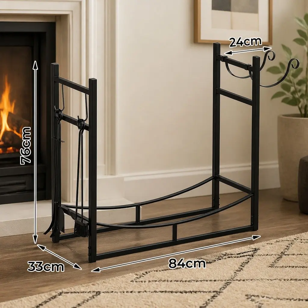 Firewood Rack Log Storage Holder with Fireplace Tools Set Heavy Duty Metal Black 84cm x 33cm x 76cm