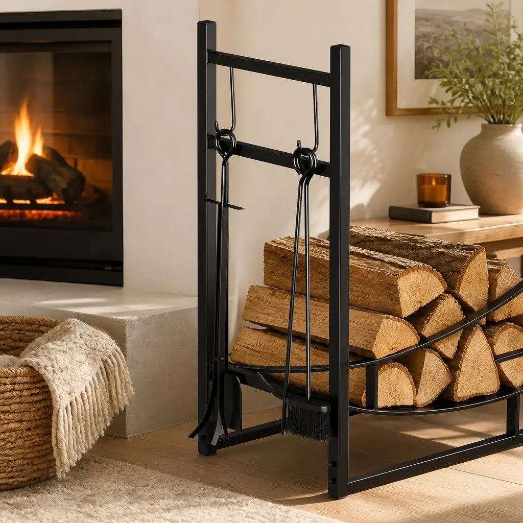 Firewood Rack Log Storage Holder with Fireplace Tools Set Heavy Duty Metal Black 84cm x 33cm x 76cm