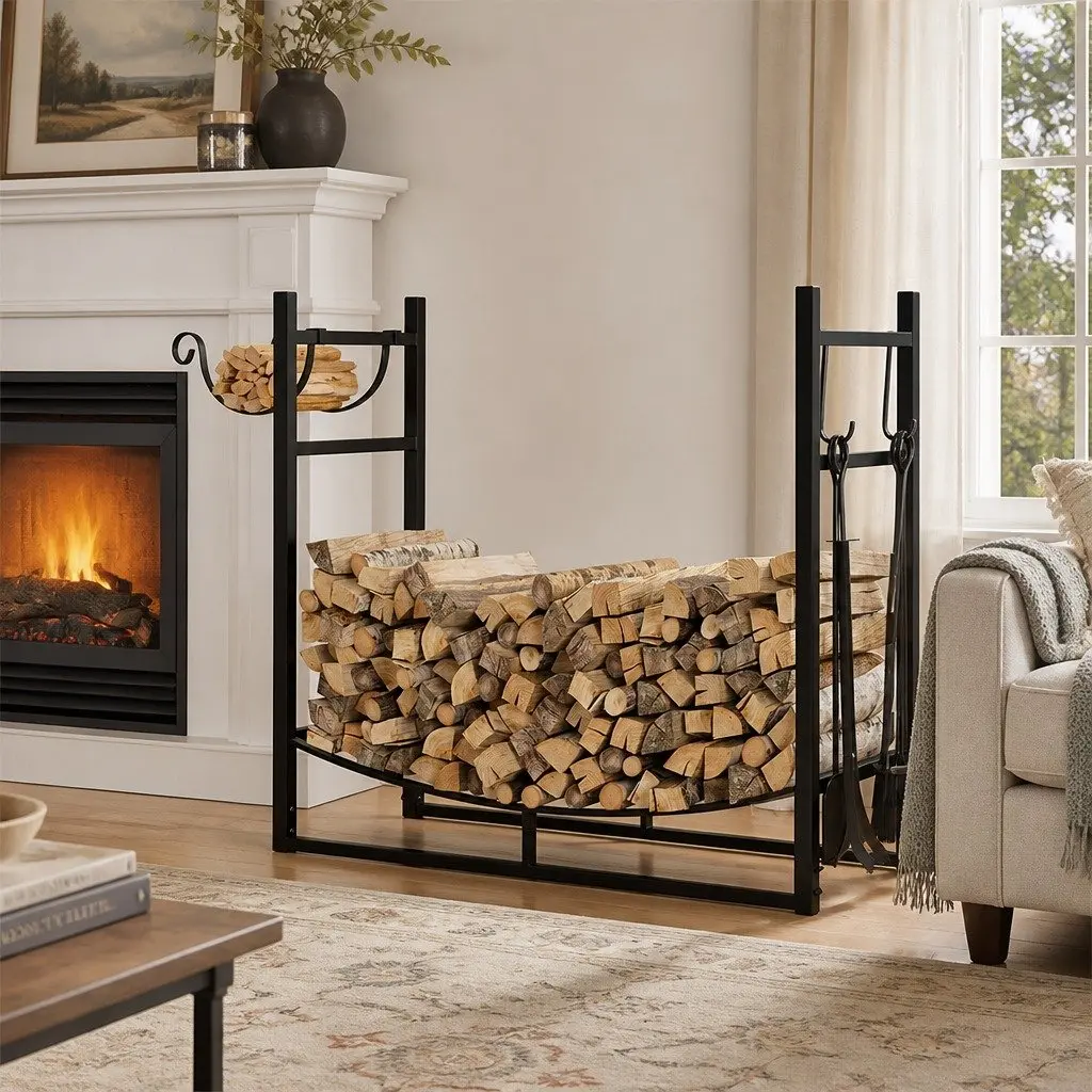 Firewood Rack Log Storage Holder with Fireplace Tools Set Heavy Duty Metal Black 84cm x 33cm x 76cm
