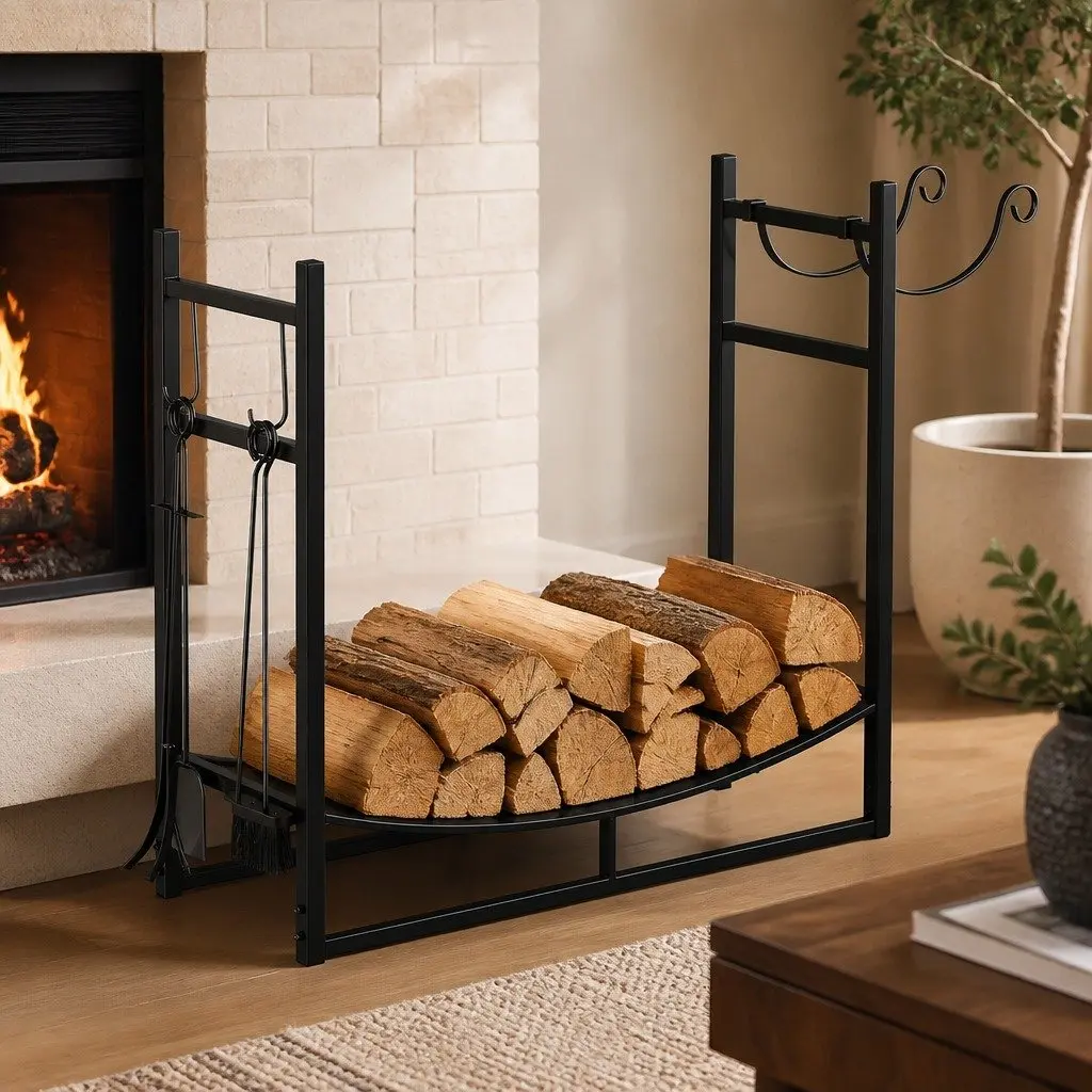 Firewood Rack Log Storage Holder with Fireplace Tools Set Heavy Duty Metal Black 84cm x 33cm x 76cm