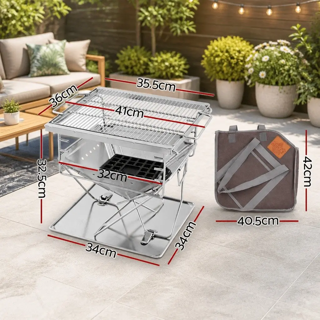 Fire Pit BBQ Grill Portable Camping Stainless Steel Height Adjustable Folding