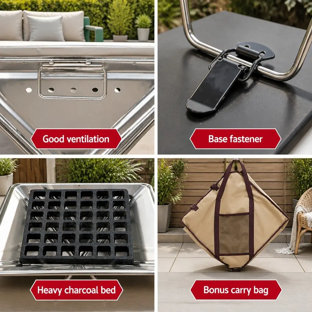 Fire Pit BBQ Grill Portable Camping Stainless Steel Height Adjustable Folding