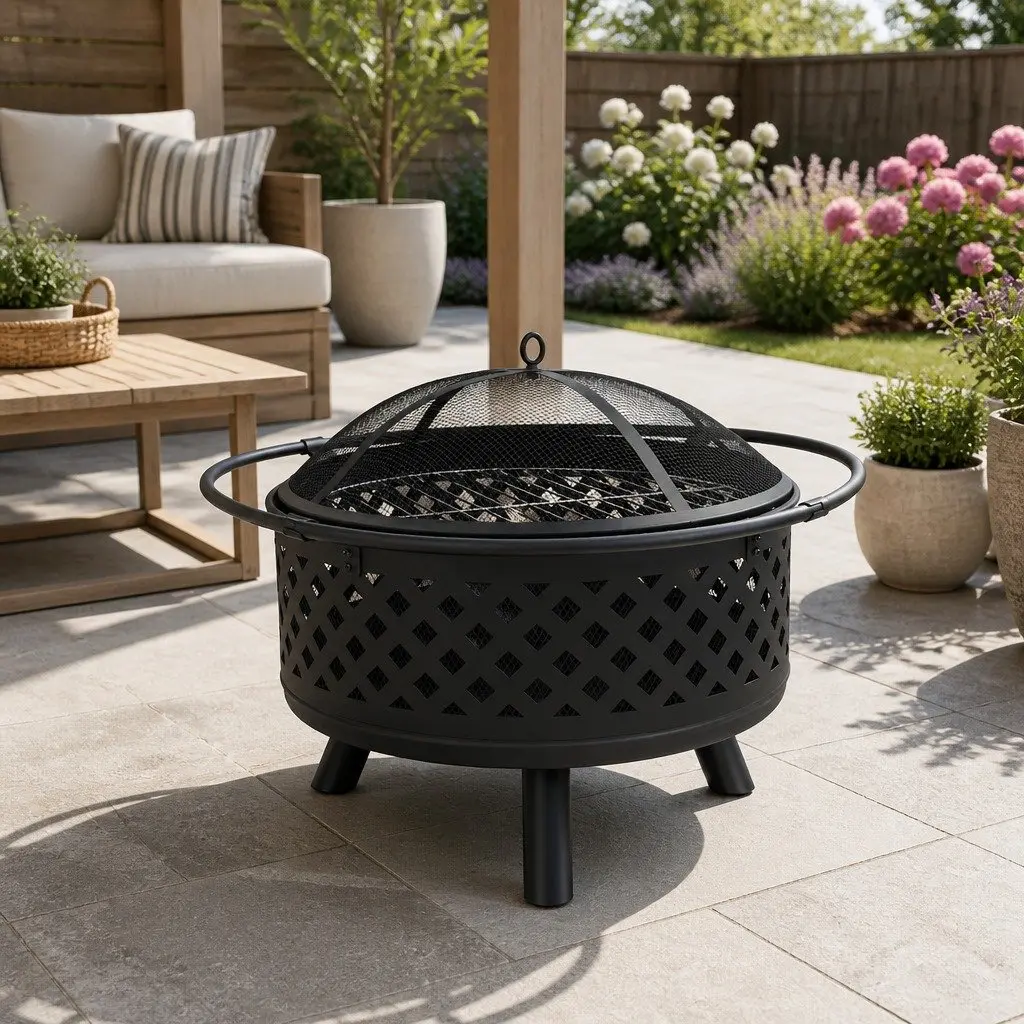 Fire Pit BBQ Grill 76cm Outdoor Heating Black