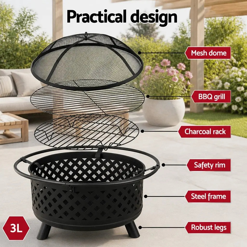 Fire Pit BBQ Grill 76cm Outdoor Heating Black