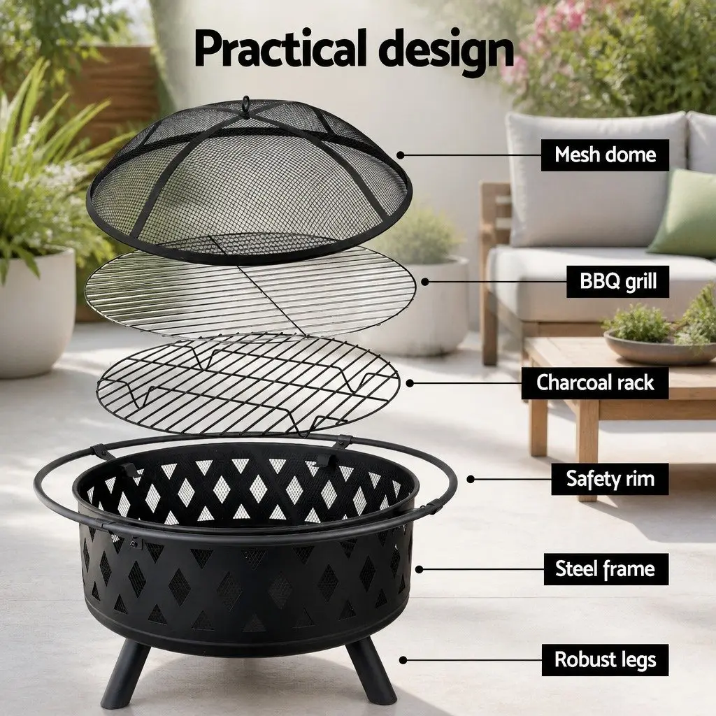 BBQ Grill Fire Pit 82cm Outdoor Cooking Heating Black
