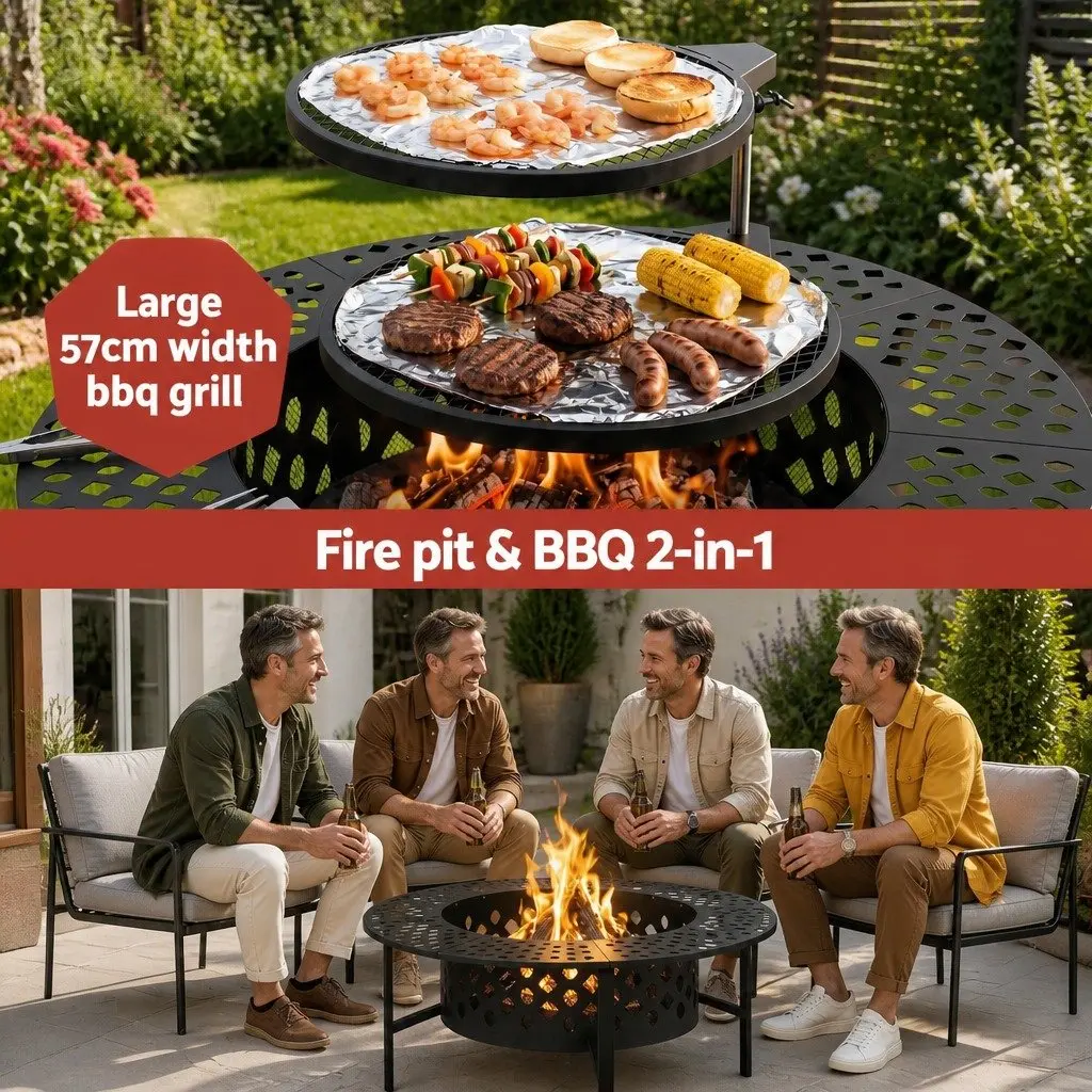 Fire Pit BBQ Charcoal Smoker 3-in-1 Outdoor Camping Fireplace Mesh Pits Black