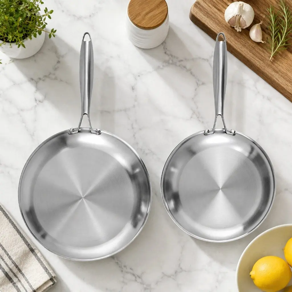 Stainless Steel Frying Pan Set 25cm 30cm Uncoated Silver