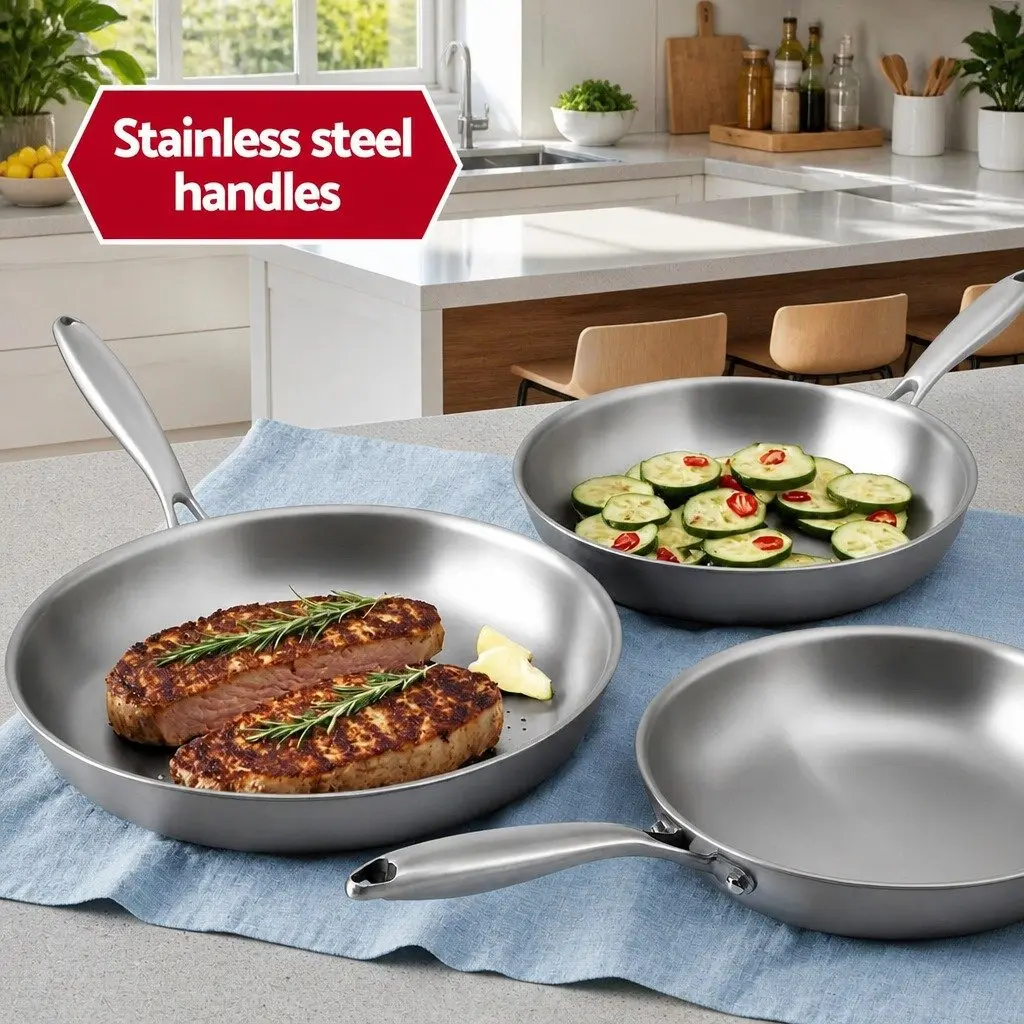 Stainless Steel Frying Pan Set 25cm 30cm Uncoated Silver