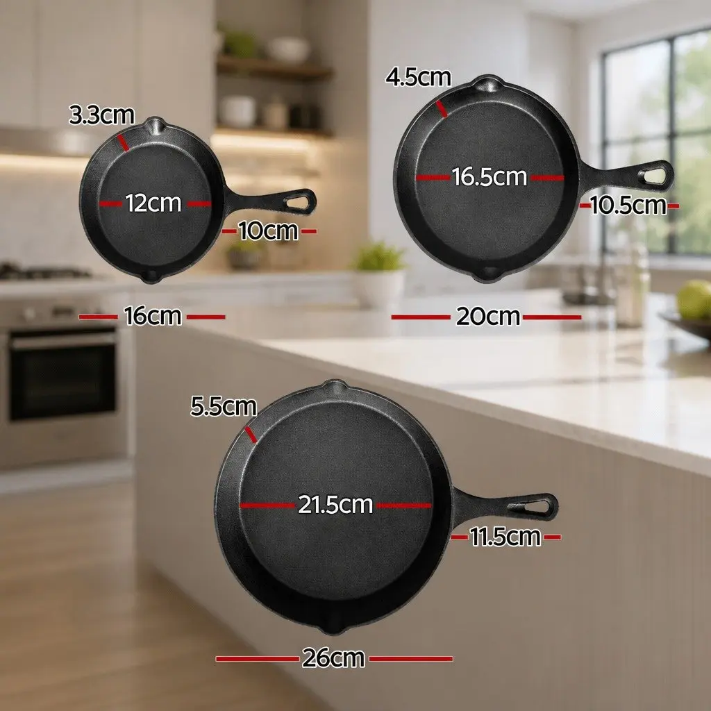 Cast Iron Frying Pan Set Non Stick Cooking 3 Piece Black