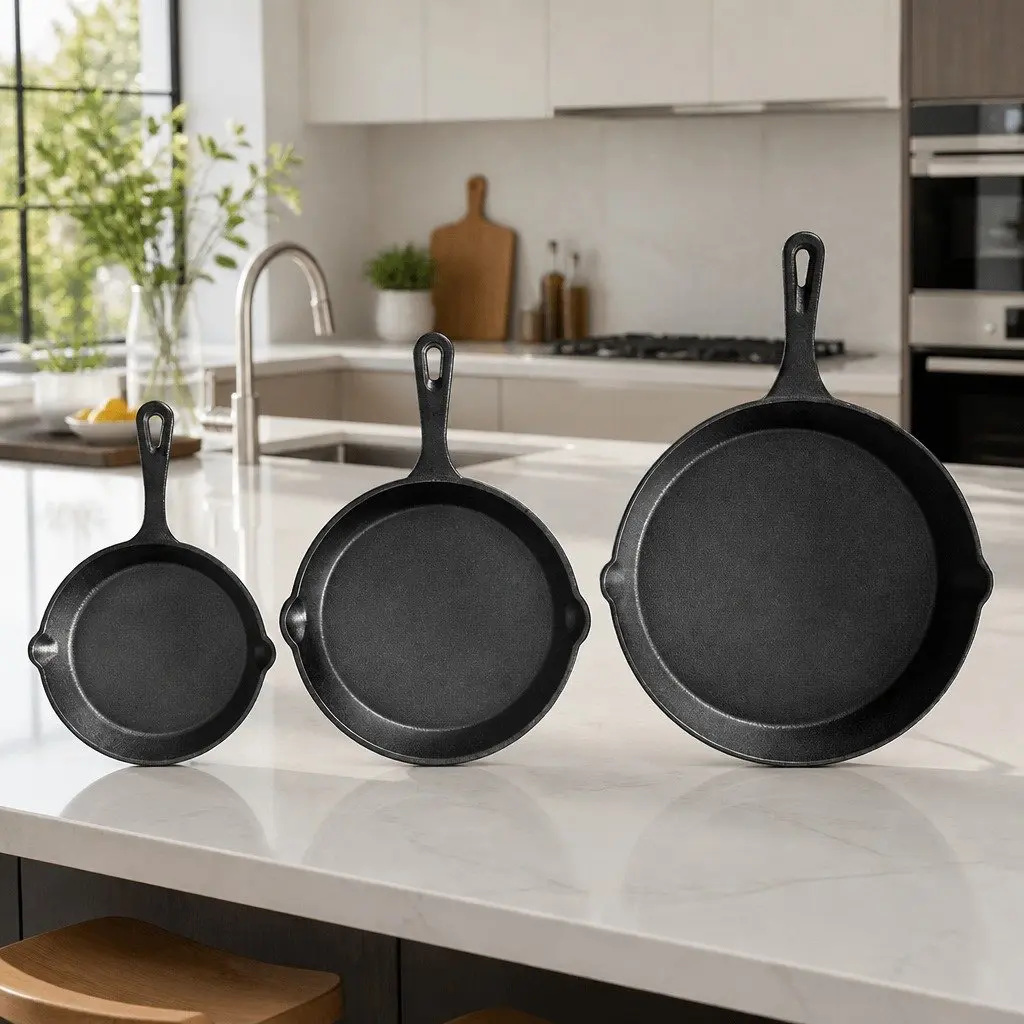 Cast Iron Frying Pan Set Non Stick Cooking 3 Piece Black